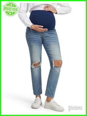 Ripped Maternity Jeans Full Belly Panel Straight Leg